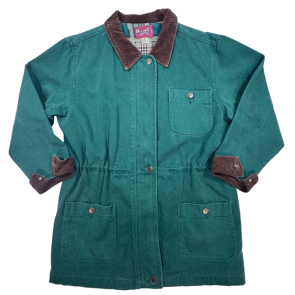 Denim & Co Green Cotton Canvas Barn Jacket Plaid Lined Corduroy Trim Small